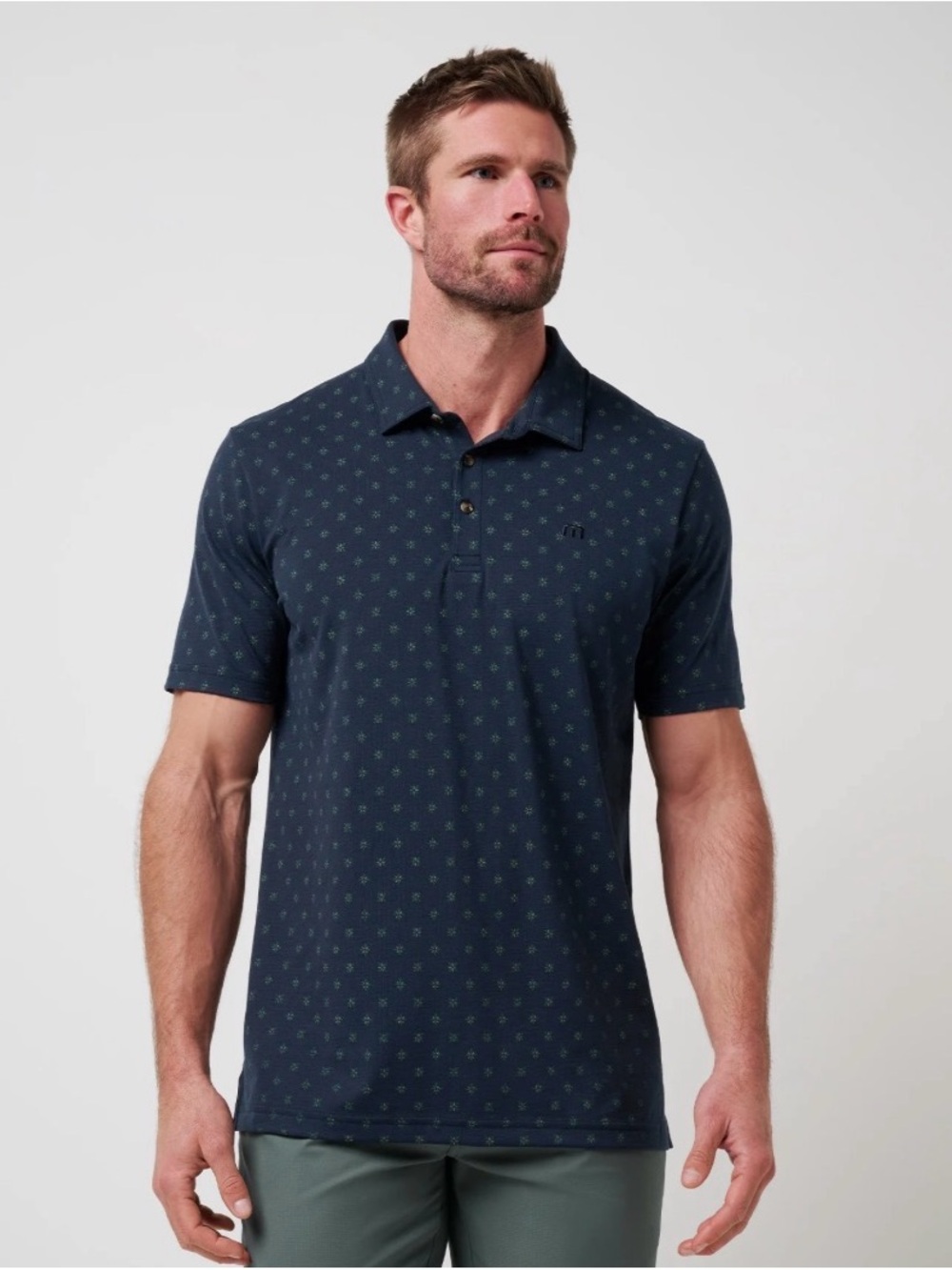 TravisMathew Men's Blue Geometric Print Performance Golf Polo Shirt